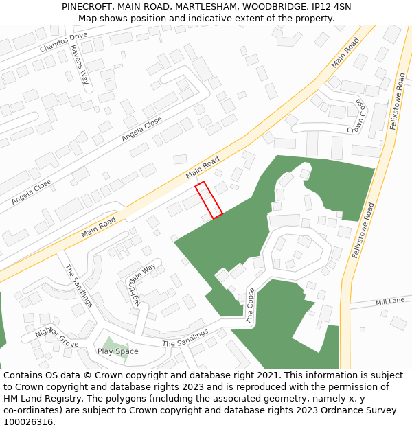 PINECROFT, MAIN ROAD, MARTLESHAM, WOODBRIDGE, IP12 4SN: Location map and indicative extent of plot