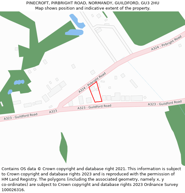 PINECROFT, PIRBRIGHT ROAD, NORMANDY, GUILDFORD, GU3 2HU: Location map and indicative extent of plot