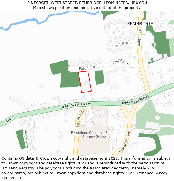 PINECROFT, WEST STREET, PEMBRIDGE, LEOMINSTER, HR6 9DU: Location map and indicative extent of plot