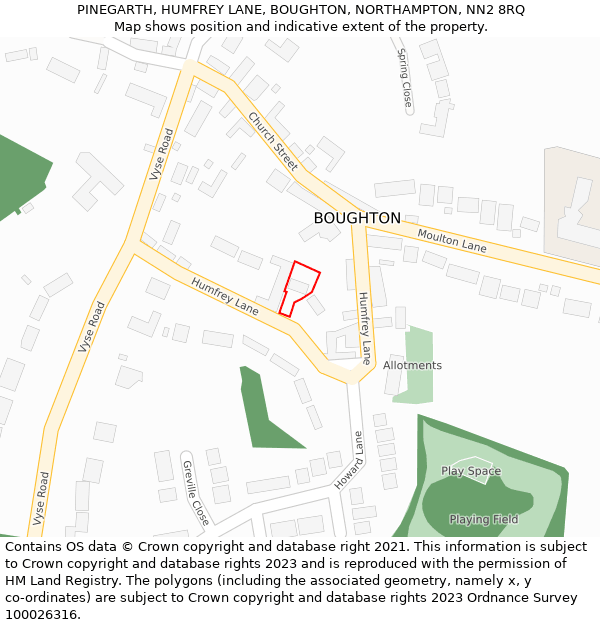 PINEGARTH, HUMFREY LANE, BOUGHTON, NORTHAMPTON, NN2 8RQ: Location map and indicative extent of plot