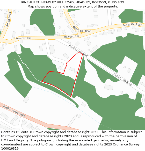 PINEHURST, HEADLEY HILL ROAD, HEADLEY, BORDON, GU35 8DX: Location map and indicative extent of plot