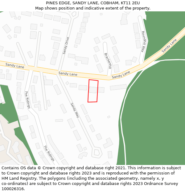 PINES EDGE, SANDY LANE, COBHAM, KT11 2EU: Location map and indicative extent of plot