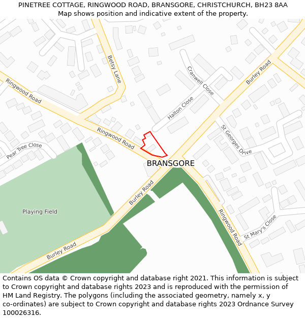 PINETREE COTTAGE, RINGWOOD ROAD, BRANSGORE, CHRISTCHURCH, BH23 8AA: Location map and indicative extent of plot