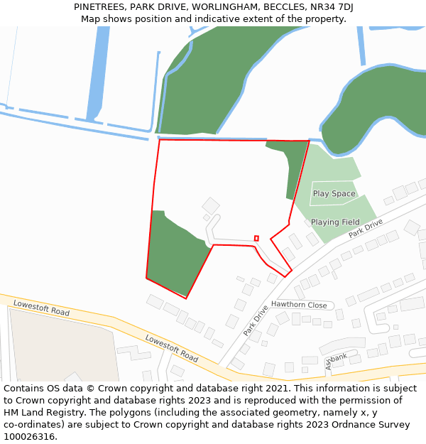 PINETREES, PARK DRIVE, WORLINGHAM, BECCLES, NR34 7DJ: Location map and indicative extent of plot