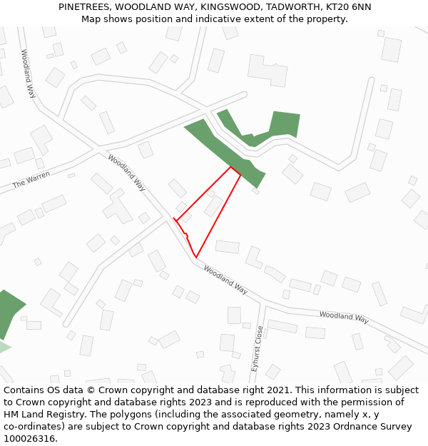 PINETREES, WOODLAND WAY, KINGSWOOD, TADWORTH, KT20 6NN: Location map and indicative extent of plot