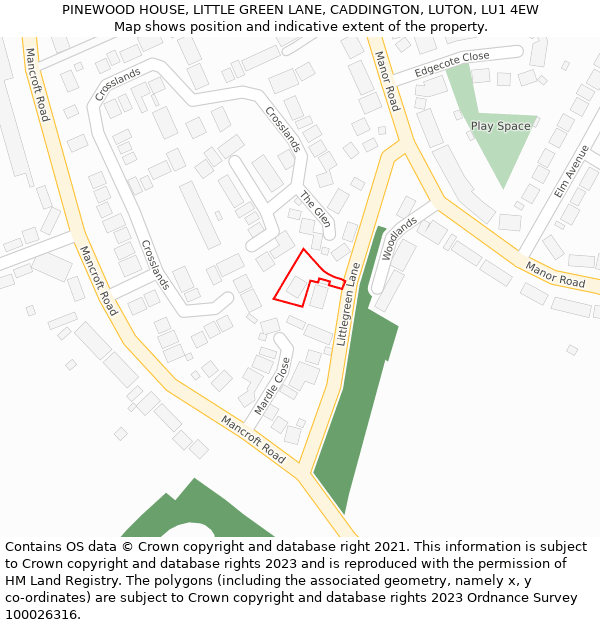 PINEWOOD HOUSE, LITTLE GREEN LANE, CADDINGTON, LUTON, LU1 4EW: Location map and indicative extent of plot