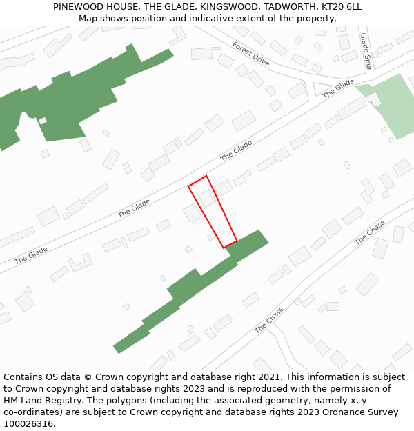 PINEWOOD HOUSE, THE GLADE, KINGSWOOD, TADWORTH, KT20 6LL: Location map and indicative extent of plot