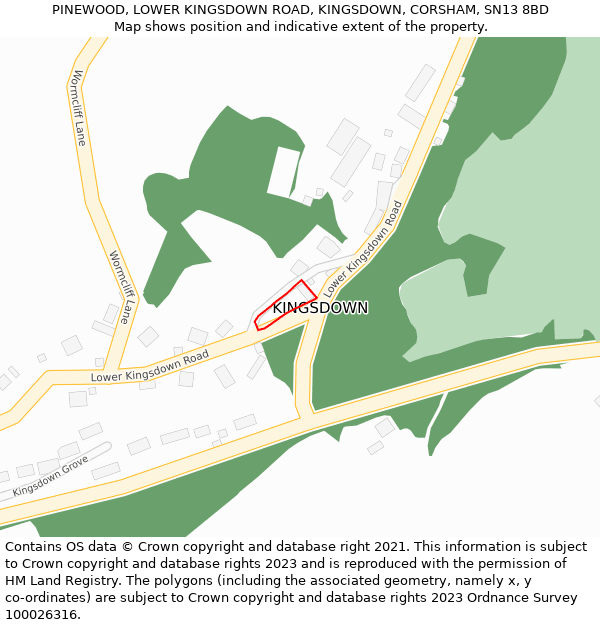 PINEWOOD, LOWER KINGSDOWN ROAD, KINGSDOWN, CORSHAM, SN13 8BD: Location map and indicative extent of plot