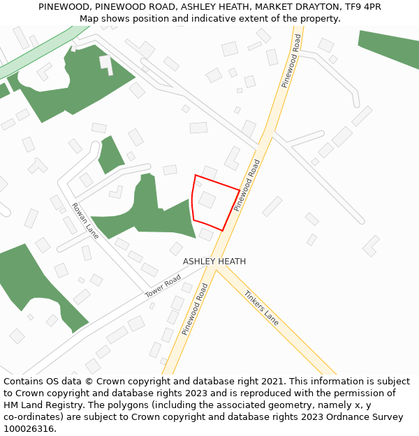 PINEWOOD, PINEWOOD ROAD, ASHLEY HEATH, MARKET DRAYTON, TF9 4PR: Location map and indicative extent of plot