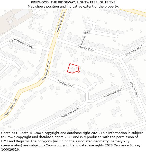 PINEWOOD, THE RIDGEWAY, LIGHTWATER, GU18 5XS: Location map and indicative extent of plot