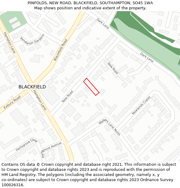 PINFOLDS, NEW ROAD, BLACKFIELD, SOUTHAMPTON, SO45 1WA: Location map and indicative extent of plot