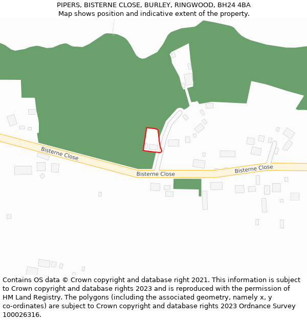 PIPERS, BISTERNE CLOSE, BURLEY, RINGWOOD, BH24 4BA: Location map and indicative extent of plot