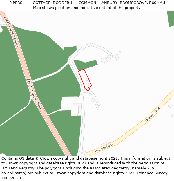 PIPERS HILL COTTAGE, DODDERHILL COMMON, HANBURY, BROMSGROVE, B60 4AU: Location map and indicative extent of plot