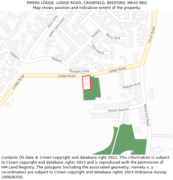 PIPERS LODGE, LODGE ROAD, CRANFIELD, BEDFORD, MK43 0BQ: Location map and indicative extent of plot