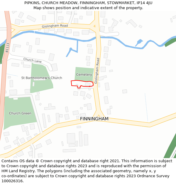 PIPKINS, CHURCH MEADOW, FINNINGHAM, STOWMARKET, IP14 4JU: Location map and indicative extent of plot