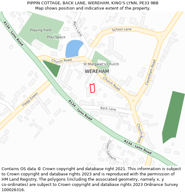 PIPPIN COTTAGE, BACK LANE, WEREHAM, KING'S LYNN, PE33 9BB: Location map and indicative extent of plot