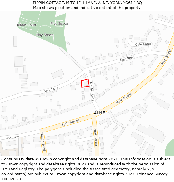 PIPPIN COTTAGE, MITCHELL LANE, ALNE, YORK, YO61 1RQ: Location map and indicative extent of plot