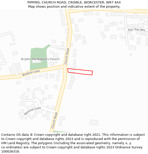 PIPPINS, CHURCH ROAD, CROWLE, WORCESTER, WR7 4AX: Location map and indicative extent of plot