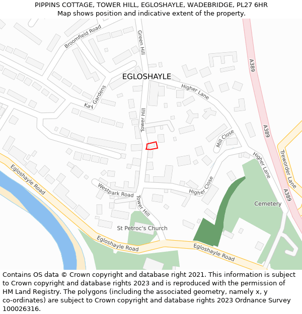 PIPPINS COTTAGE, TOWER HILL, EGLOSHAYLE, WADEBRIDGE, PL27 6HR: Location map and indicative extent of plot