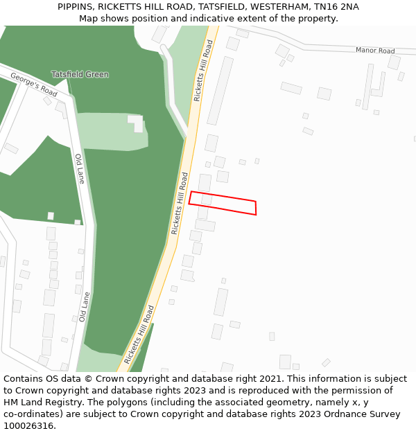 PIPPINS, RICKETTS HILL ROAD, TATSFIELD, WESTERHAM, TN16 2NA: Location map and indicative extent of plot