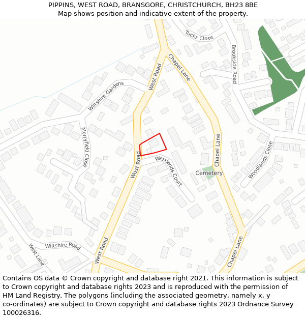 PIPPINS, WEST ROAD, BRANSGORE, CHRISTCHURCH, BH23 8BE: Location map and indicative extent of plot