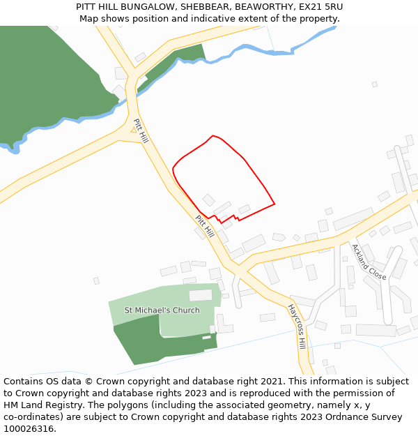 PITT HILL BUNGALOW, SHEBBEAR, BEAWORTHY, EX21 5RU: Location map and indicative extent of plot