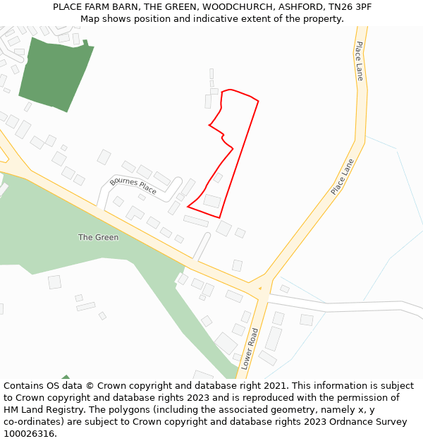 PLACE FARM BARN, THE GREEN, WOODCHURCH, ASHFORD, TN26 3PF: Location map and indicative extent of plot