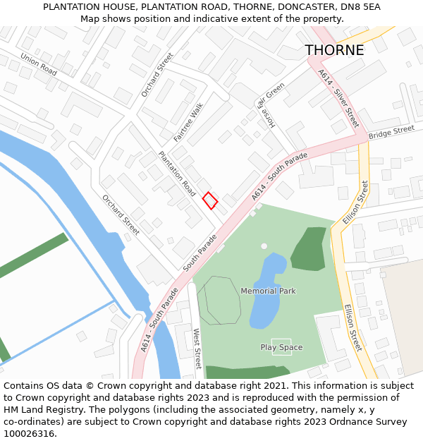 PLANTATION HOUSE, PLANTATION ROAD, THORNE, DONCASTER, DN8 5EA: Location map and indicative extent of plot