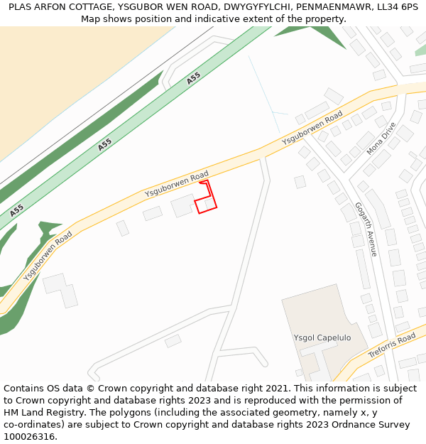 PLAS ARFON COTTAGE, YSGUBOR WEN ROAD, DWYGYFYLCHI, PENMAENMAWR, LL34 6PS: Location map and indicative extent of plot