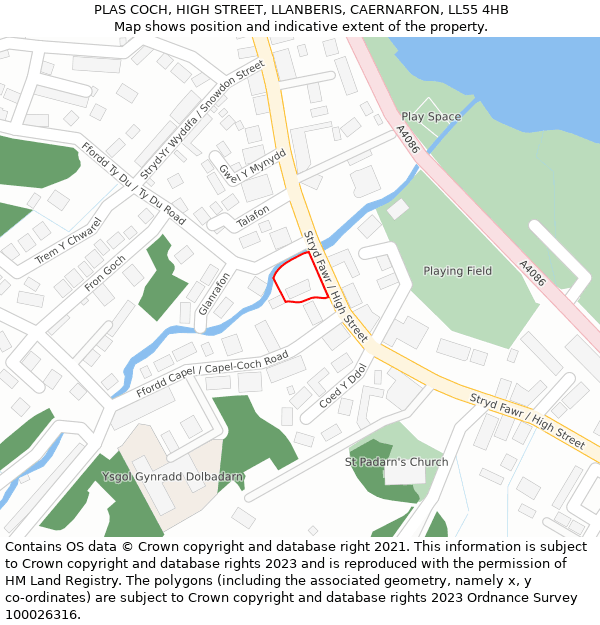 PLAS COCH, HIGH STREET, LLANBERIS, CAERNARFON, LL55 4HB: Location map and indicative extent of plot
