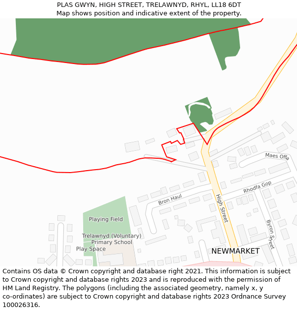 PLAS GWYN, HIGH STREET, TRELAWNYD, RHYL, LL18 6DT: Location map and indicative extent of plot