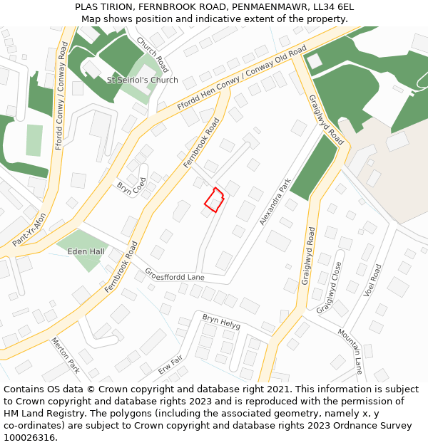 PLAS TIRION, FERNBROOK ROAD, PENMAENMAWR, LL34 6EL: Location map and indicative extent of plot