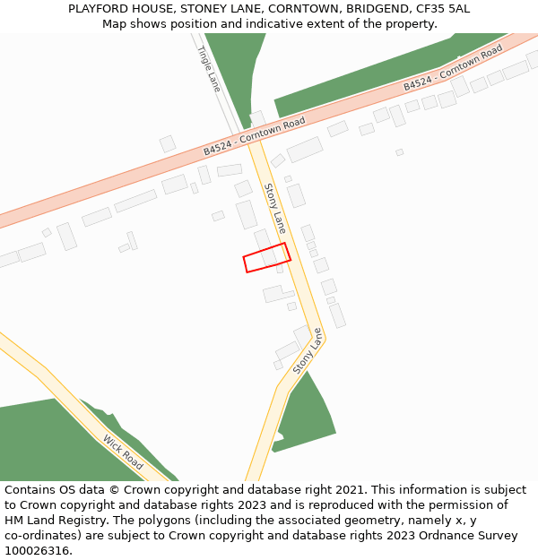 PLAYFORD HOUSE, STONEY LANE, CORNTOWN, BRIDGEND, CF35 5AL: Location map and indicative extent of plot