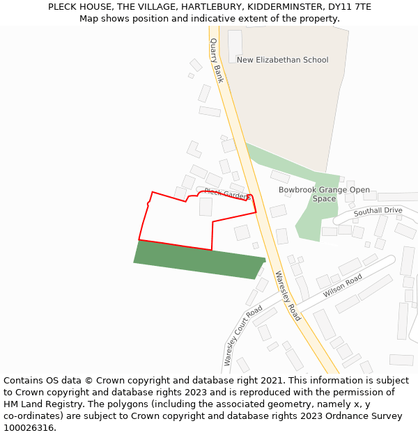 PLECK HOUSE, THE VILLAGE, HARTLEBURY, KIDDERMINSTER, DY11 7TE: Location map and indicative extent of plot
