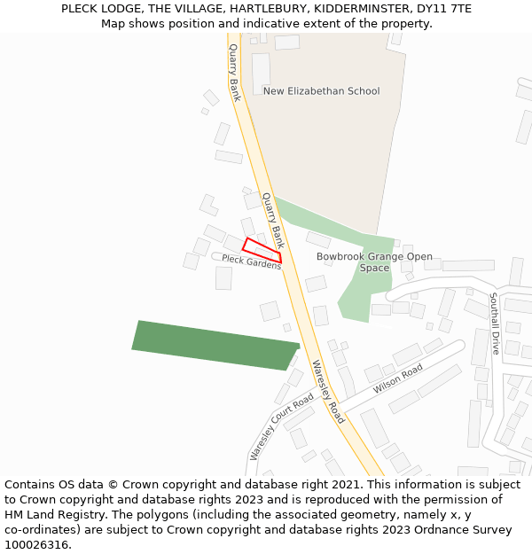 PLECK LODGE, THE VILLAGE, HARTLEBURY, KIDDERMINSTER, DY11 7TE: Location map and indicative extent of plot