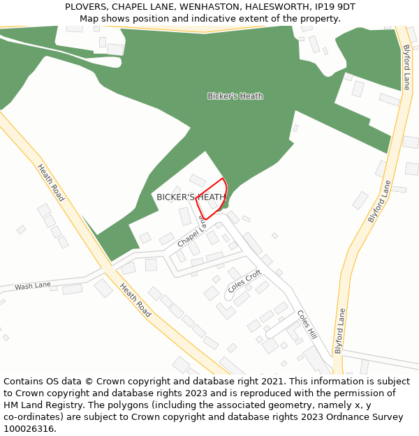 PLOVERS, CHAPEL LANE, WENHASTON, HALESWORTH, IP19 9DT: Location map and indicative extent of plot