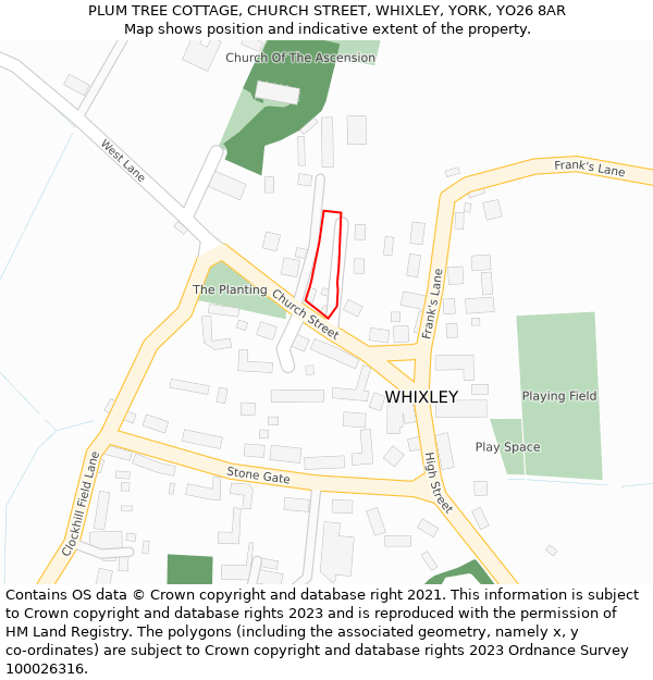 PLUM TREE COTTAGE, CHURCH STREET, WHIXLEY, YORK, YO26 8AR: Location map and indicative extent of plot