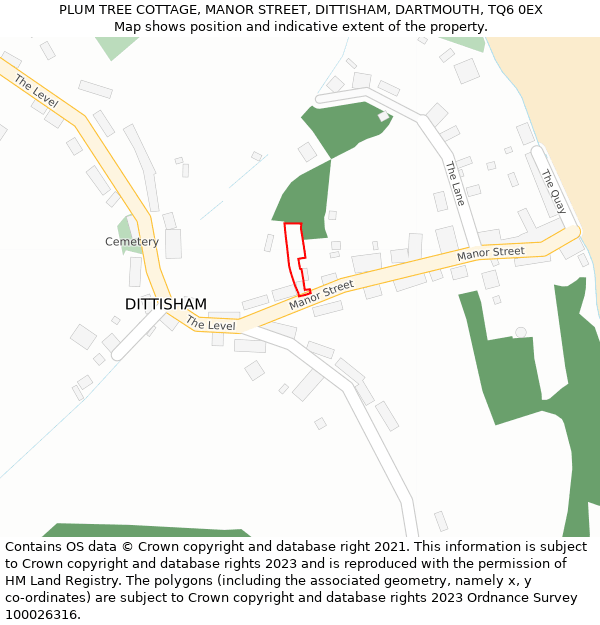 PLUM TREE COTTAGE, MANOR STREET, DITTISHAM, DARTMOUTH, TQ6 0EX: Location map and indicative extent of plot