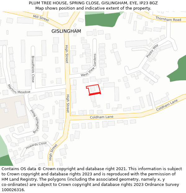 PLUM TREE HOUSE, SPRING CLOSE, GISLINGHAM, EYE, IP23 8GZ: Location map and indicative extent of plot