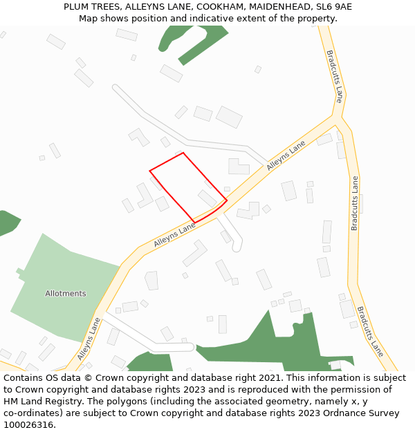 PLUM TREES, ALLEYNS LANE, COOKHAM, MAIDENHEAD, SL6 9AE: Location map and indicative extent of plot
