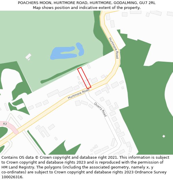 POACHERS MOON, HURTMORE ROAD, HURTMORE, GODALMING, GU7 2RL: Location map and indicative extent of plot