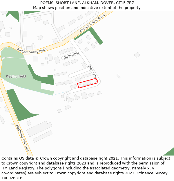 POEMS, SHORT LANE, ALKHAM, DOVER, CT15 7BZ: Location map and indicative extent of plot