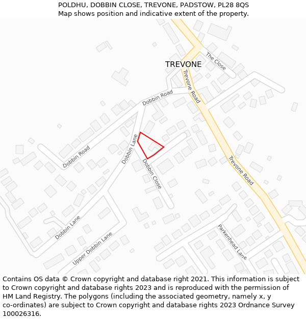 POLDHU, DOBBIN CLOSE, TREVONE, PADSTOW, PL28 8QS: Location map and indicative extent of plot