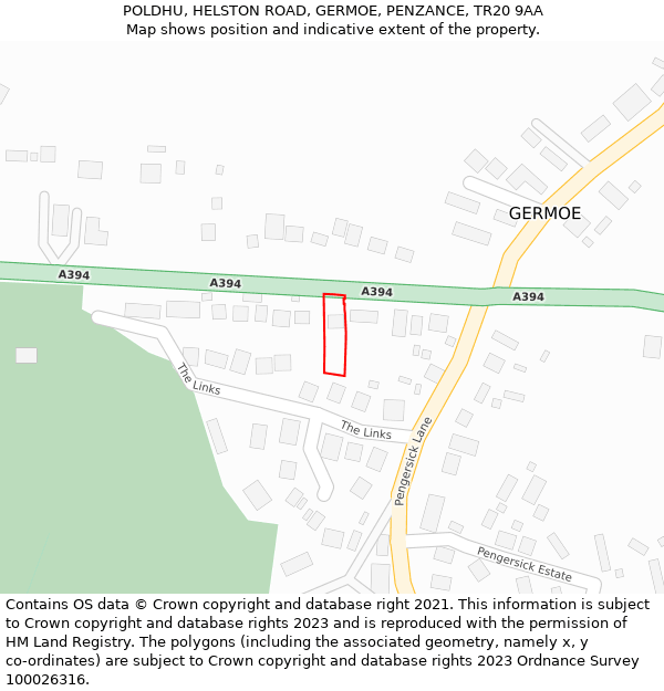 POLDHU, HELSTON ROAD, GERMOE, PENZANCE, TR20 9AA: Location map and indicative extent of plot