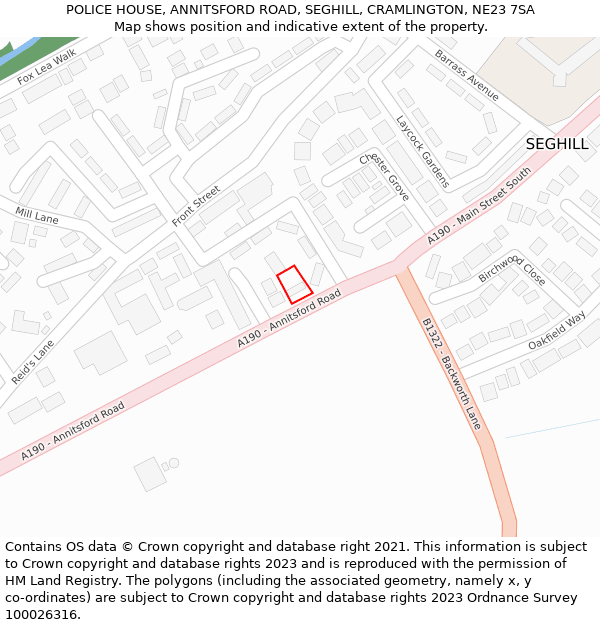 POLICE HOUSE, ANNITSFORD ROAD, SEGHILL, CRAMLINGTON, NE23 7SA: Location map and indicative extent of plot