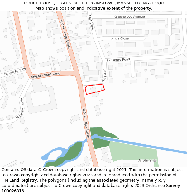 POLICE HOUSE, HIGH STREET, EDWINSTOWE, MANSFIELD, NG21 9QU: Location map and indicative extent of plot
