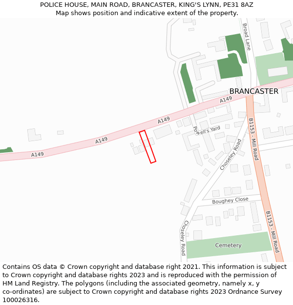 POLICE HOUSE, MAIN ROAD, BRANCASTER, KING'S LYNN, PE31 8AZ: Location map and indicative extent of plot