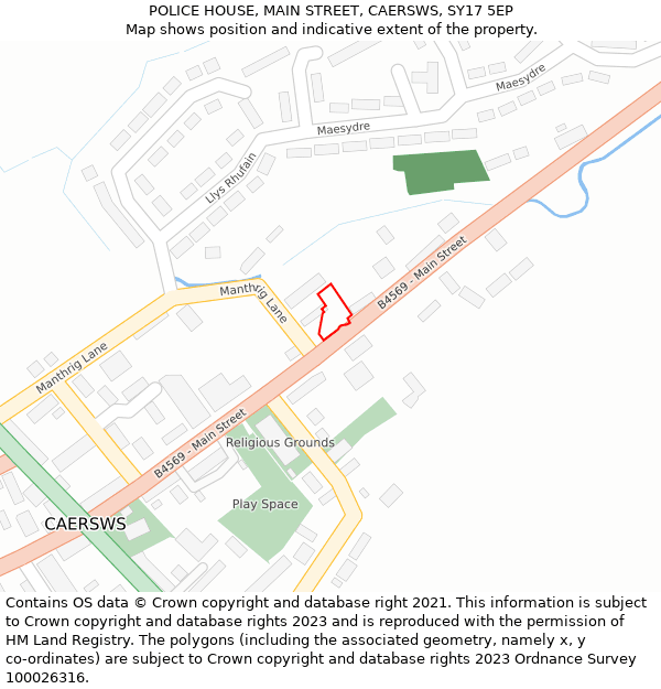 POLICE HOUSE, MAIN STREET, CAERSWS, SY17 5EP: Location map and indicative extent of plot
