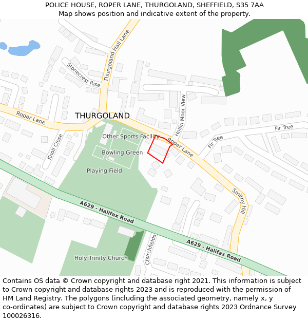 POLICE HOUSE, ROPER LANE, THURGOLAND, SHEFFIELD, S35 7AA: Location map and indicative extent of plot