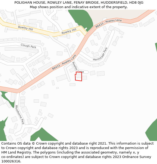 POLIGHAN HOUSE, ROWLEY LANE, FENAY BRIDGE, HUDDERSFIELD, HD8 0JG: Location map and indicative extent of plot